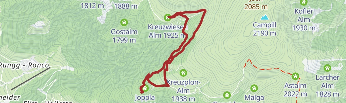 Route map: Zur Kreuzwiesenhütte auf der Lüsner Alm